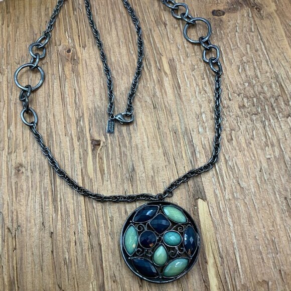1928 Mosaic Style Green Deep Blue Faceted Pendant Gunmetal Chain Necklace - Picture 2 of 7